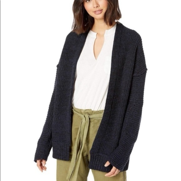 Free People High Hopes Blue Black Open Front Cardigan Size Medium Oversized - Picture 6 of 7
